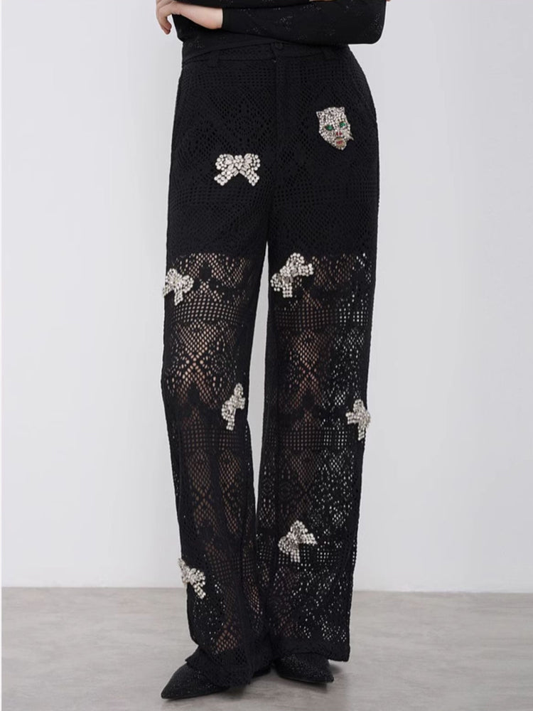 TCH Bow Rhinestone Lace High Waist Trousers
