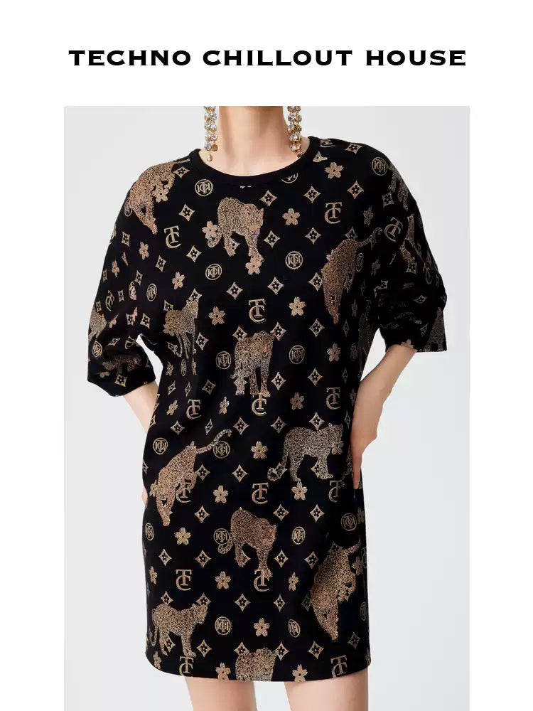 TCH Luxury Animal Print Rhinestone T-shirt Dress