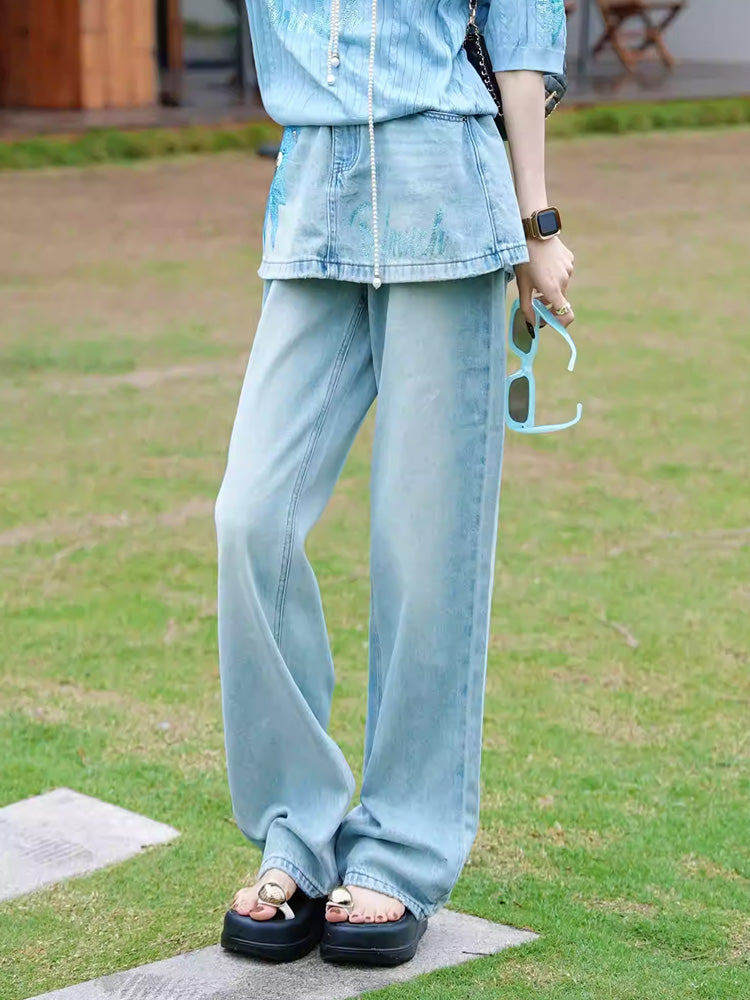 TCH Rhinestone Bear Wide Leg Skirt Jeans