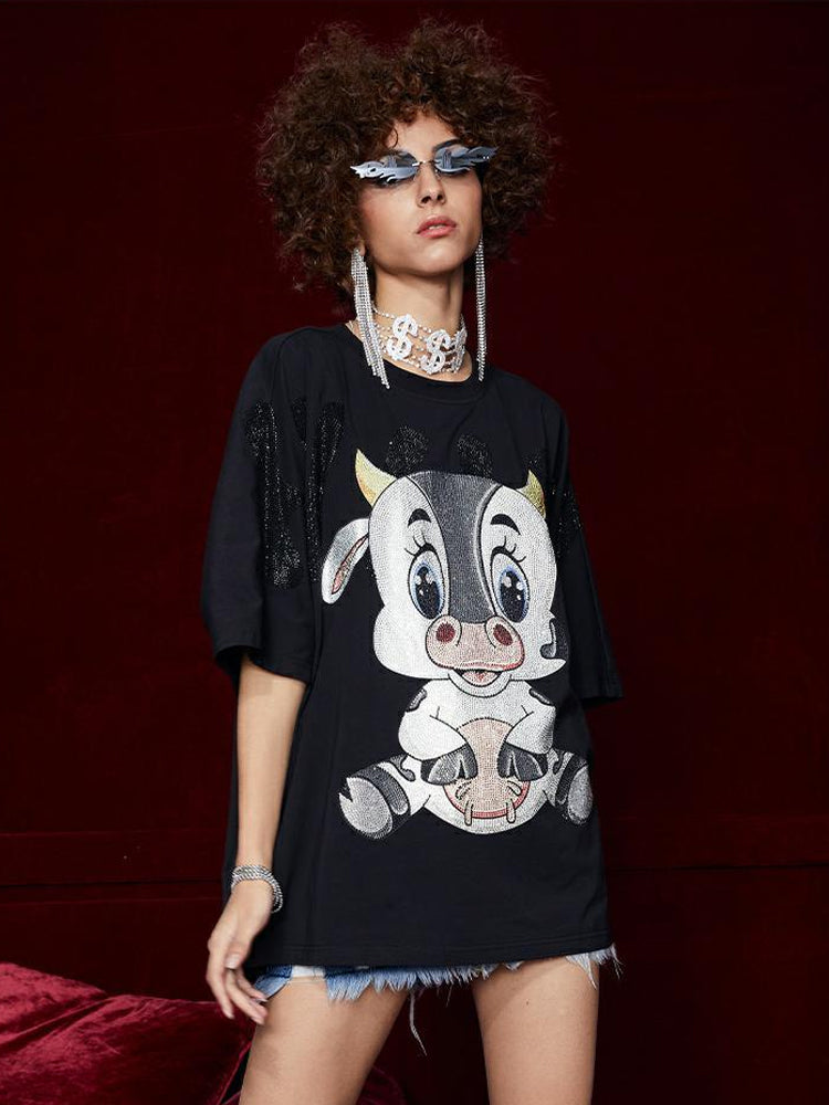 TCH Cute Cow Rhinestone Oversized T-Shirt
