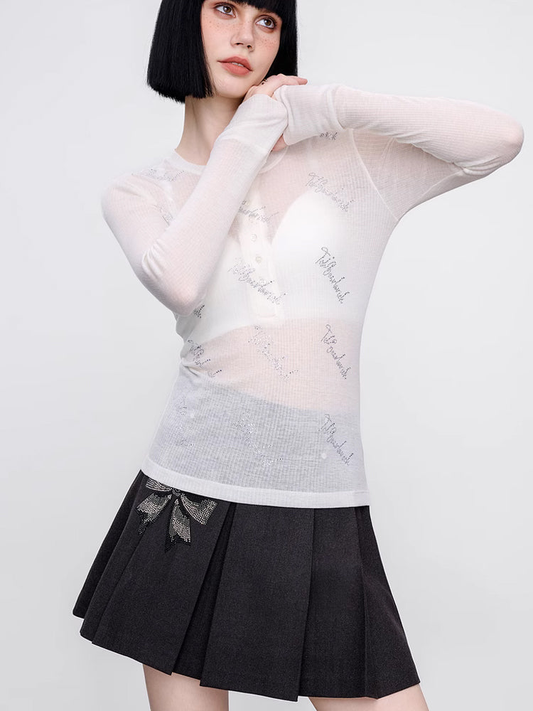 TCH Pre-Sale Rhinestone Bow High Waist Pleated Mini Skirt
