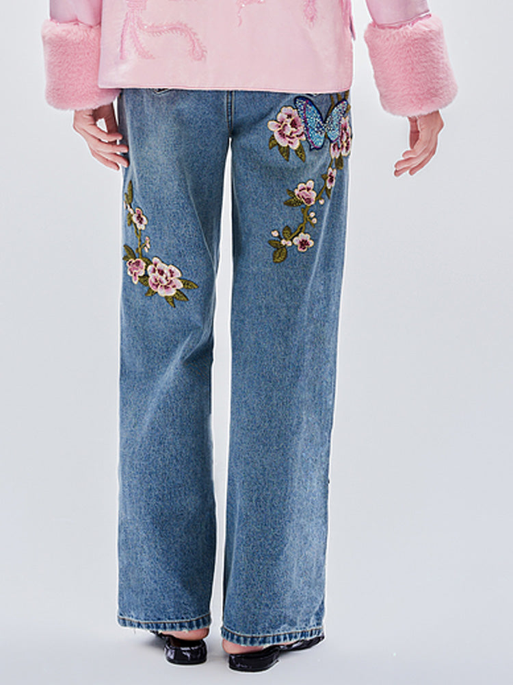 TCH Crystal Embroidered Floral Wide Leg Jeans