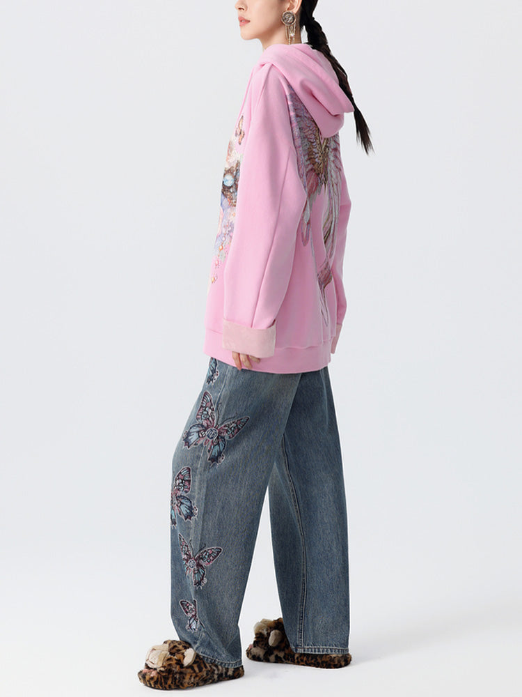 TCH Crystal Embroidered Butterfly Wide Leg Jeans
