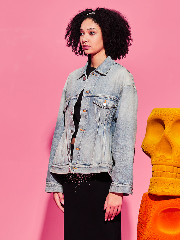 TCH Rhinestone Vintage Washed Denim Jacket
