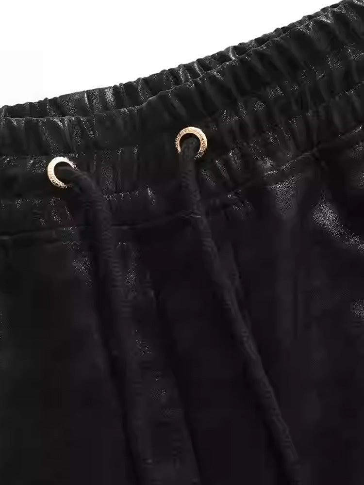 TCH Letter Print Rhinestone Joggers Leather Pants
