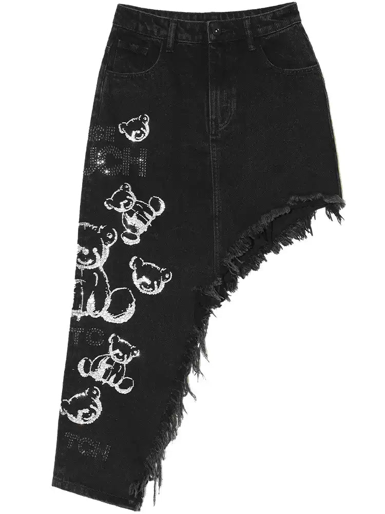 TCH Rhinestone Workwear Distressed Asymmetric Skirt