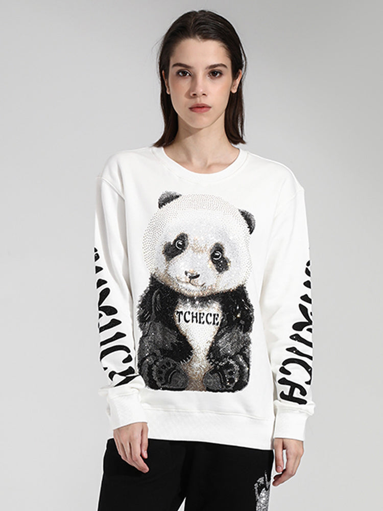 TCH Women's Rhinestone Panda White Sweatshirt