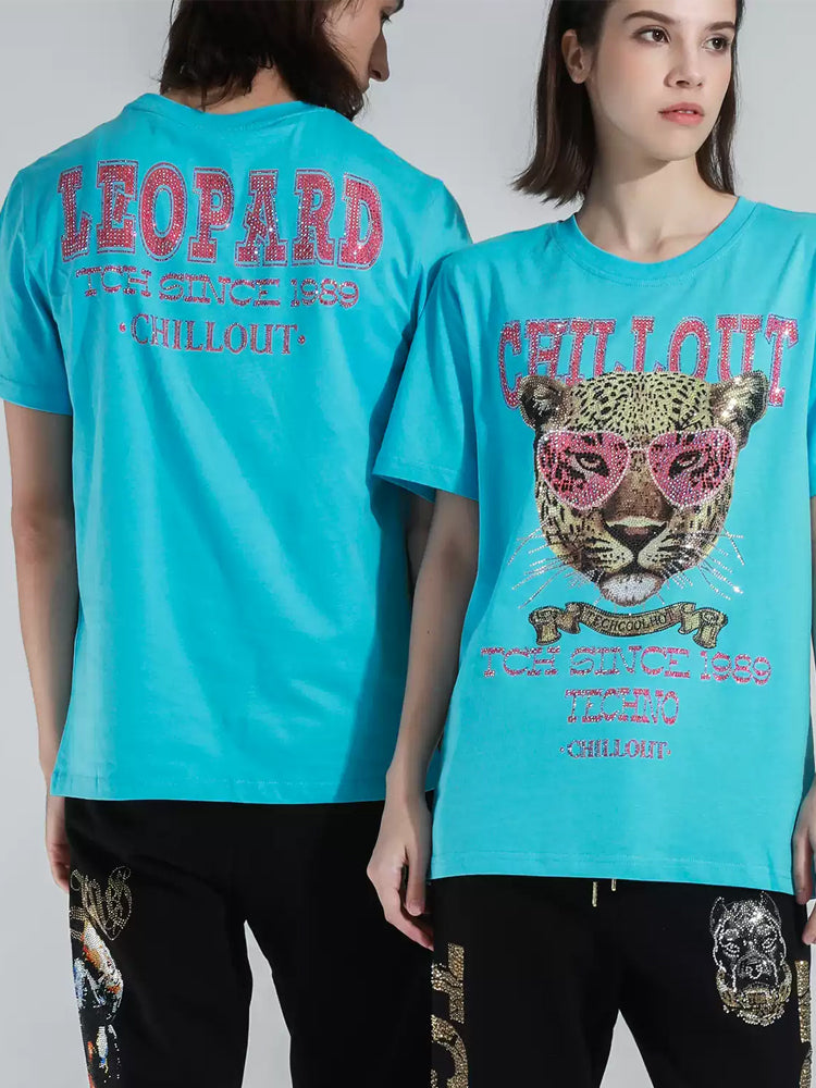 TCH Letter Cheetah Rhinestone Short Sleeve T-shirt