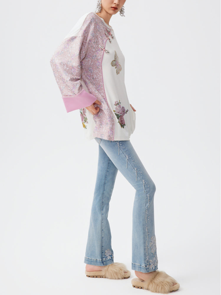 TCH Rhinestone Floral Embroidery Patchwork Satin Blouse