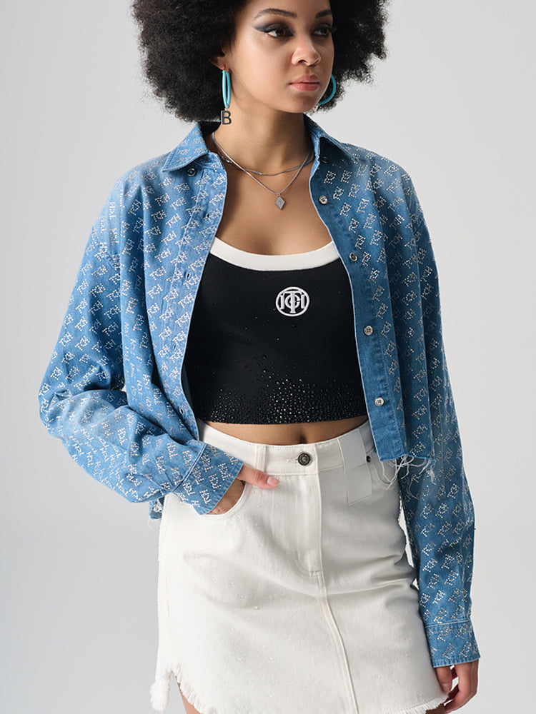 TCH Allover Logo Jacquard Rhinestone Denim Cropped Jacket