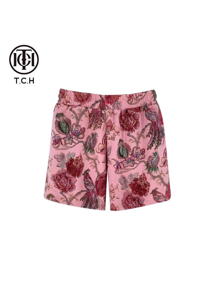 TCH Rhinestone Floral Print Shiny Lounge Shorts