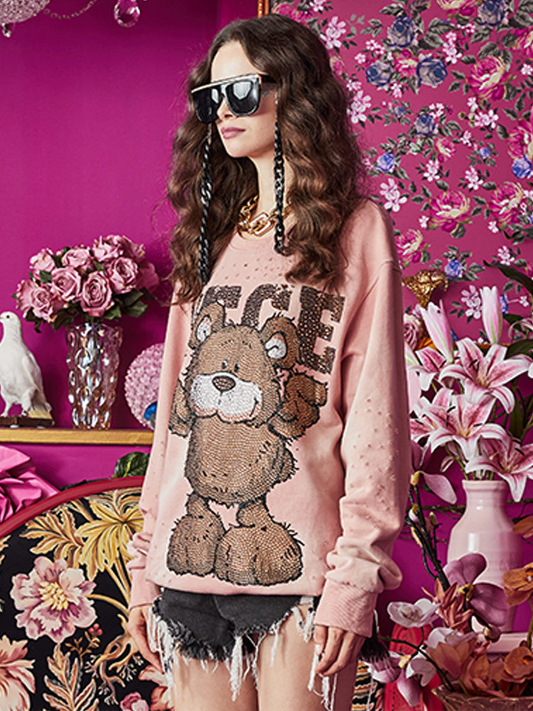 TCH Rhinestone Bear Patch Pink Sweatshirt