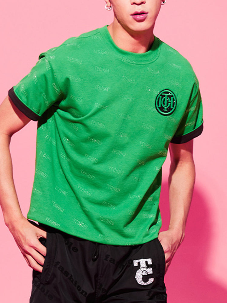 TCH Logo Print Rhinestone Letter T-Shirt