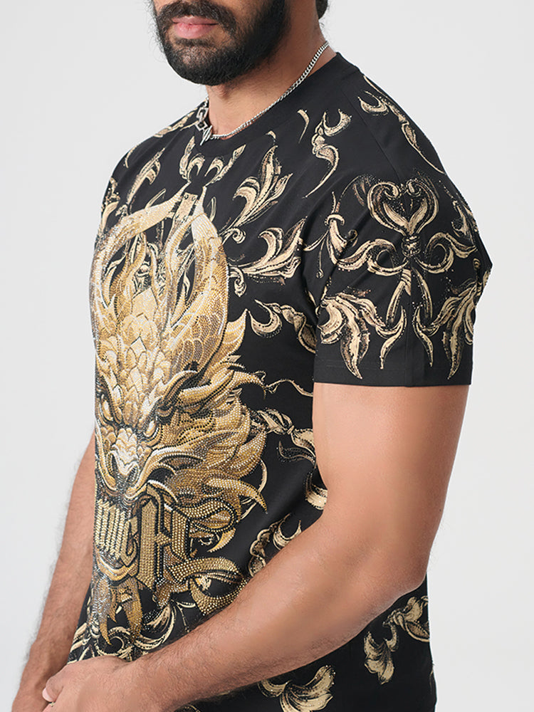 TCH Luxury Gold Rhinestone Dragon Graphic Top