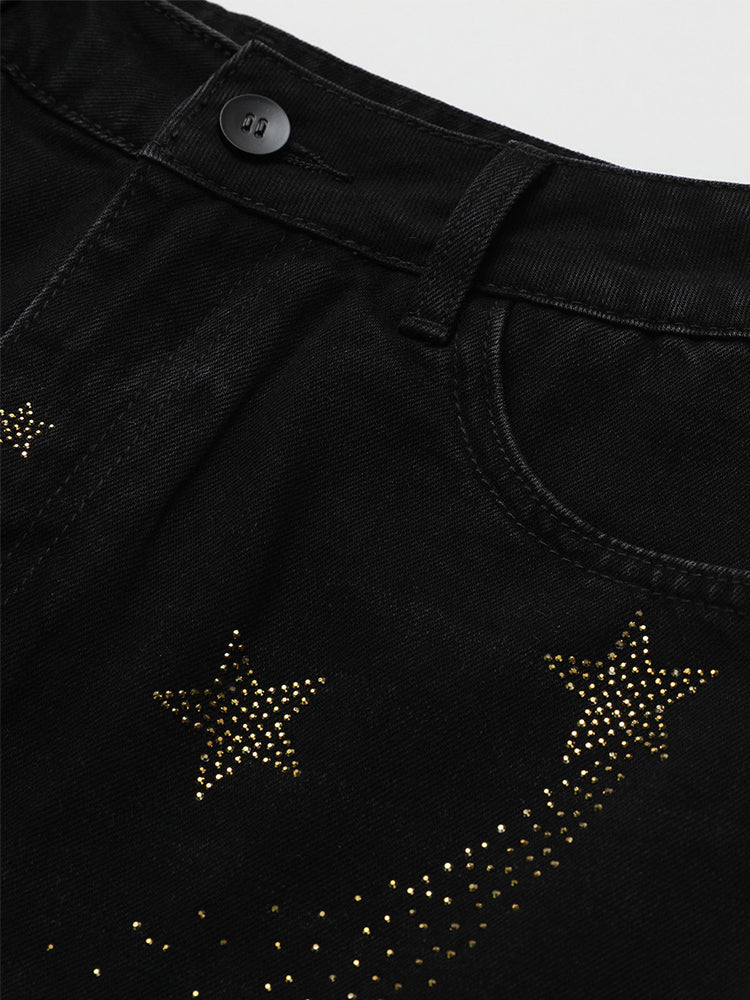 TCH Rhinestone Star Print Denim Mini Shorts