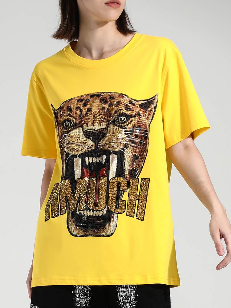 TCH Womens Roaring Leopard Rhinestone Short Sleeve T-Shirt