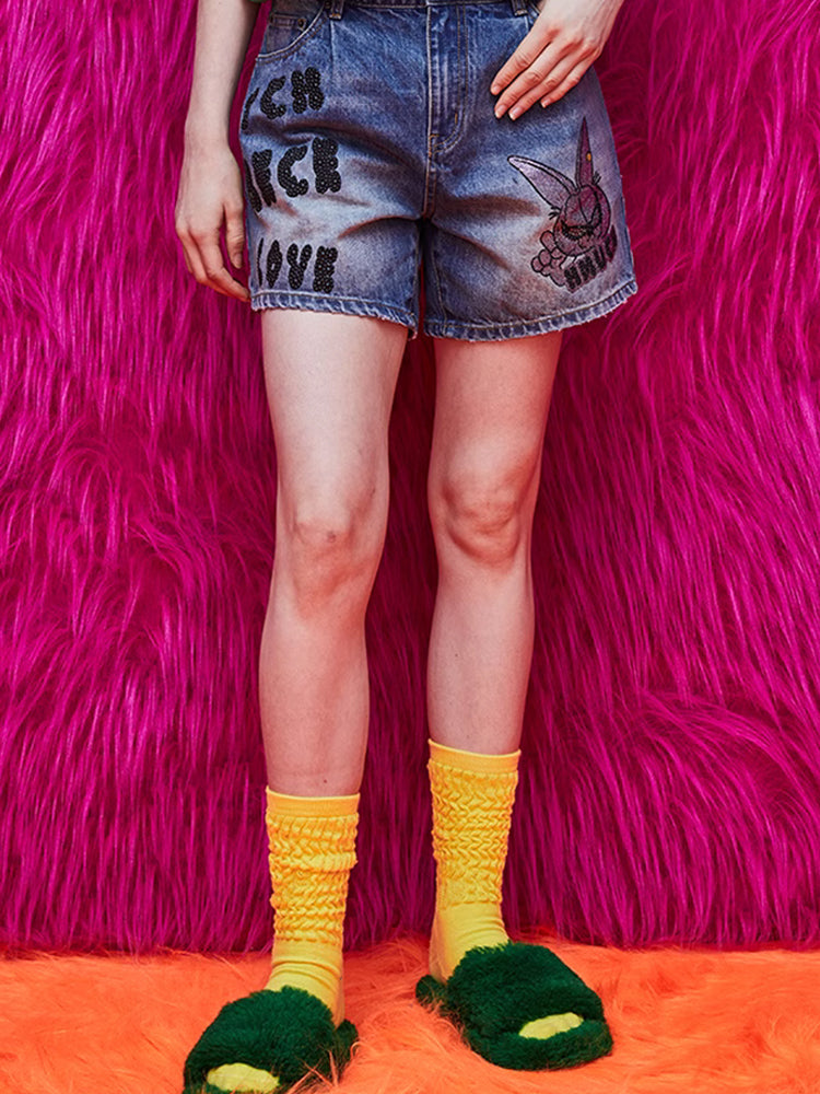 TCH Rhinestone Graphic Funny Denim Shorts