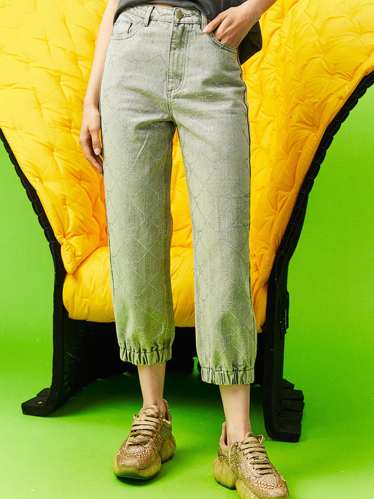 TCH Plaid Rhinestone Fleece Denim Pants