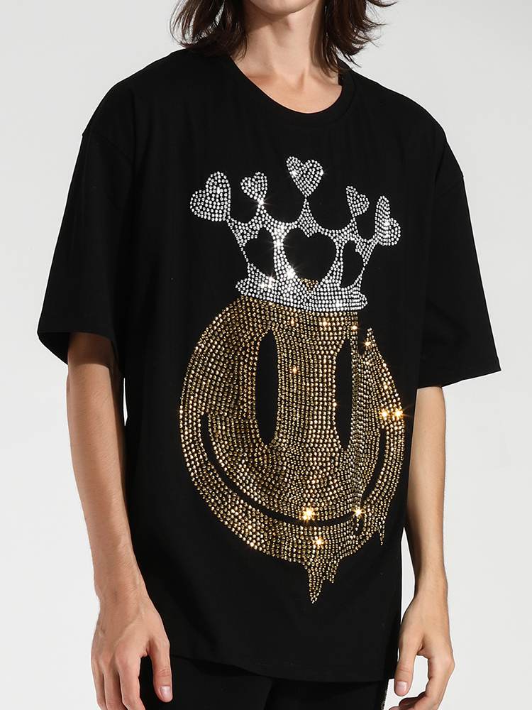 TCH Mens Smile Crown Rhinestone Short Sleeve T-Shirt