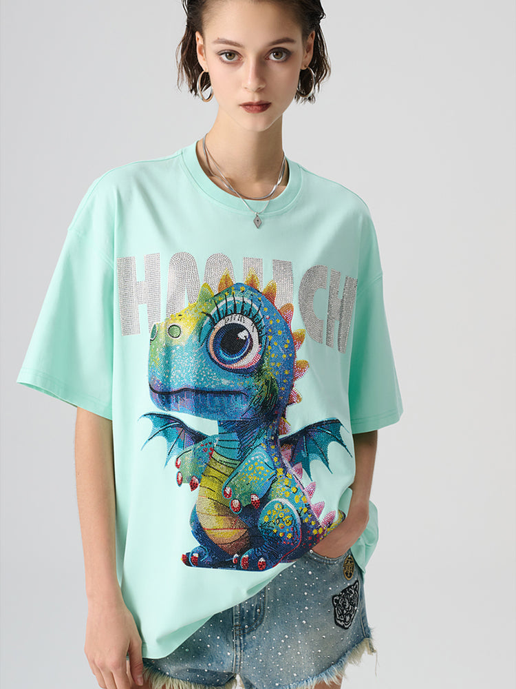 TCH Cute Dinosaur Rhinestone Oversized T-shirt