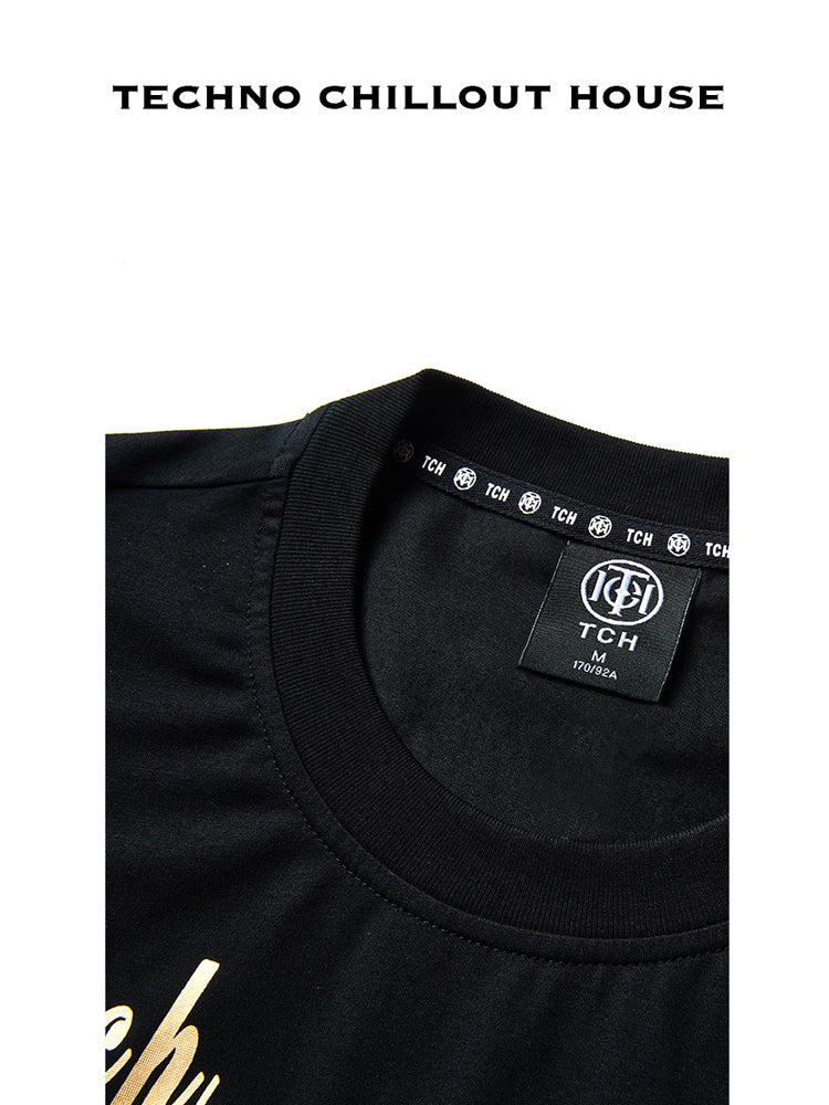 TCH Gold Letter Print Rhinestone Black T-shirt