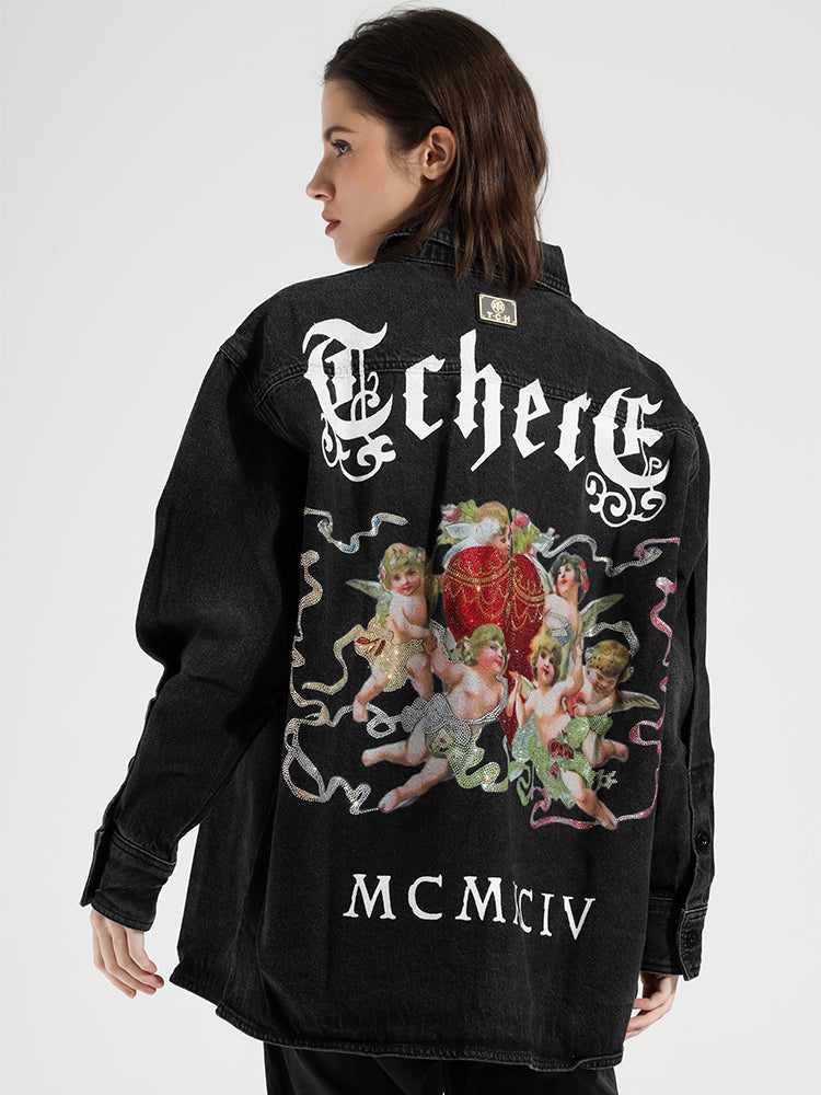 TCH Rhinestones Print Long Sleeve Denim Shirt