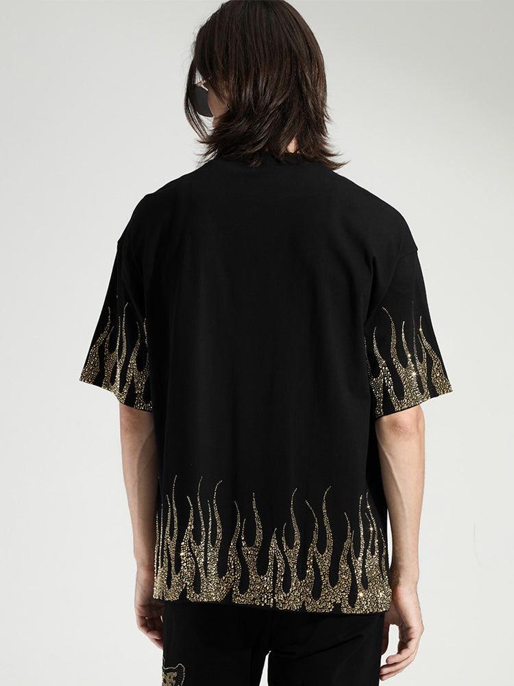 TCH Rhinestone Flaming Tiger Print T-shirt