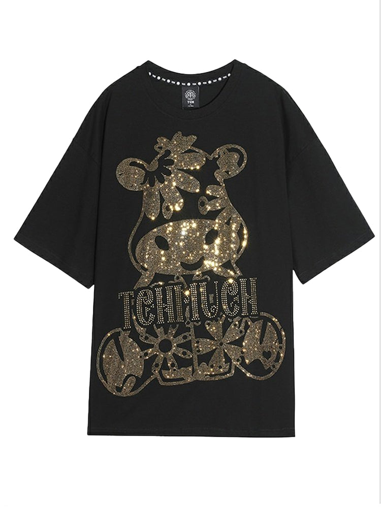 TCH Cartoon Cow Rhinestone T-Shirt with Angel Wings