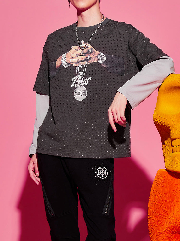 TCH Rhinestone Layered Printed Cotton T-shirt