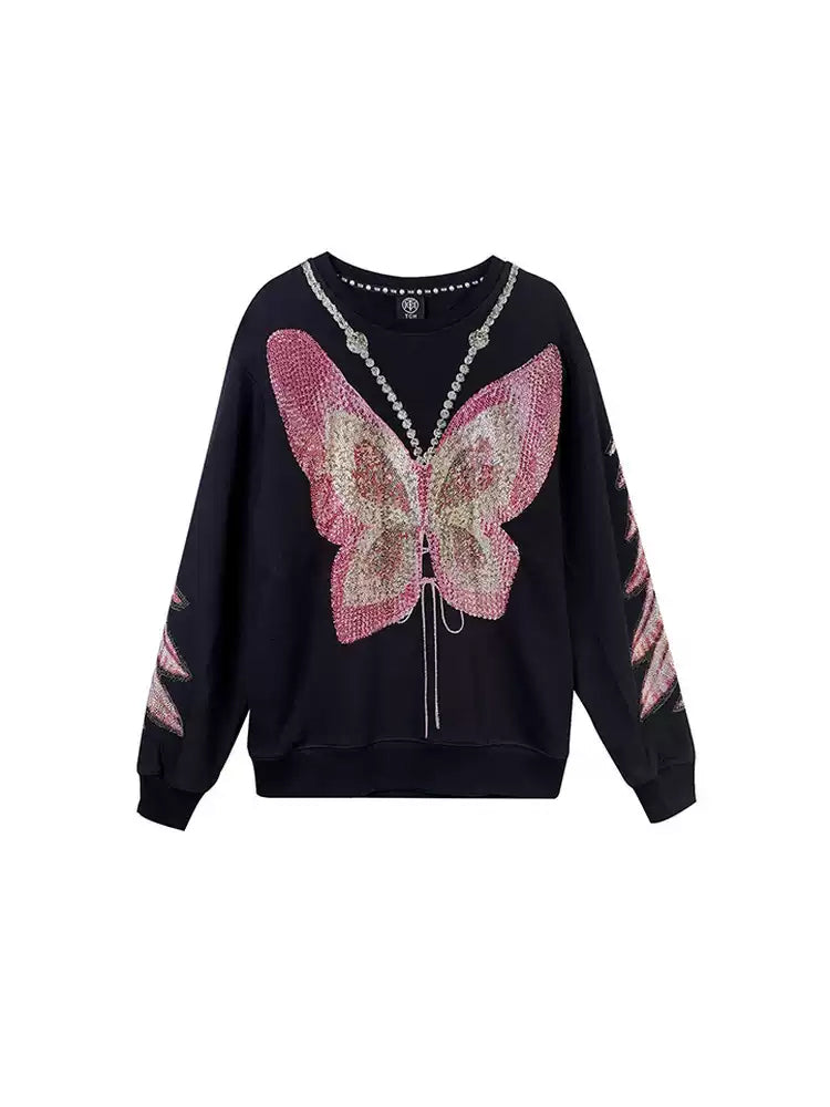 TCH Pink Rhinestone Butterfly Wing Sleeve Sweatshirt