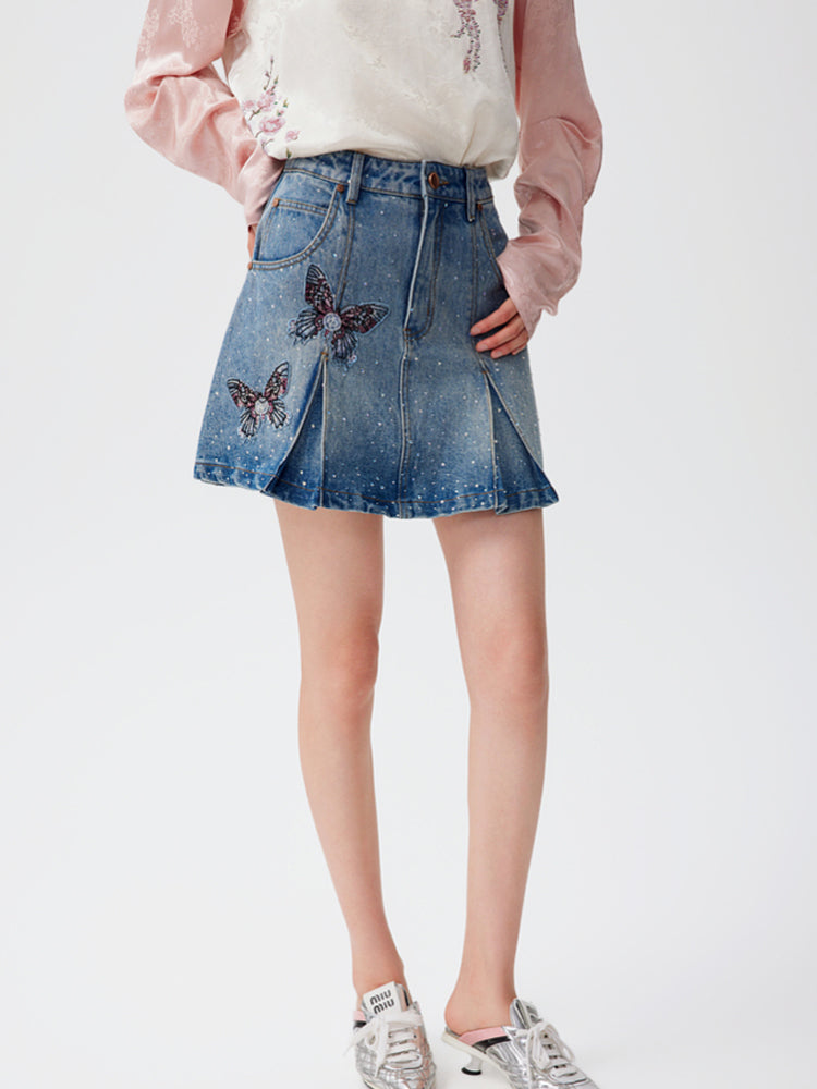 TCH Ruched Rhinestone Butterfly Denim Mini Skirt