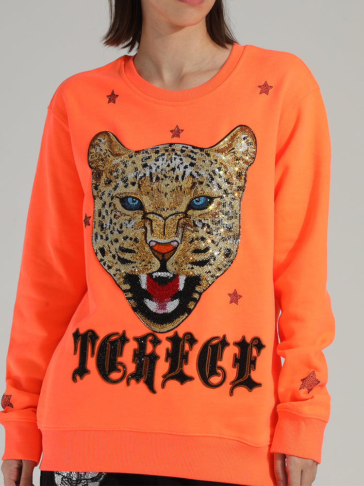 TCH Women's Leopard Star Rhinestone Crewneck Sweatshirt
