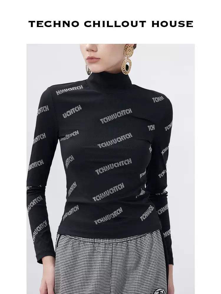 TCH Letter Rhinestone High Neck Long Sleeve Top