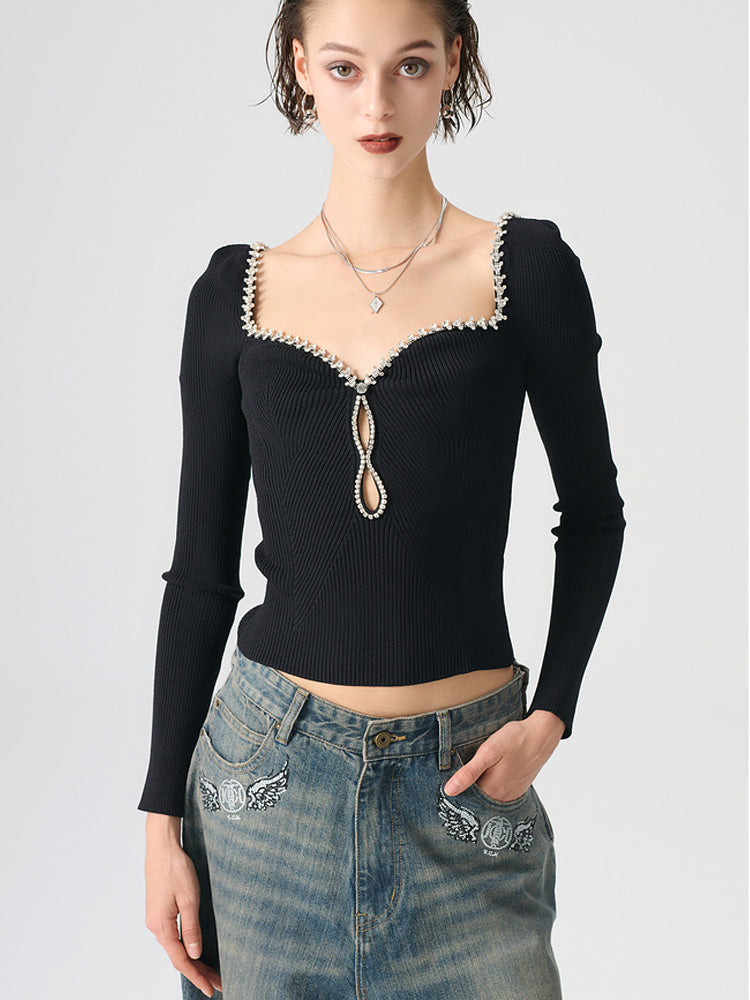 TCH Sweetheart Neck Rhinestone Knitted Sexy Top