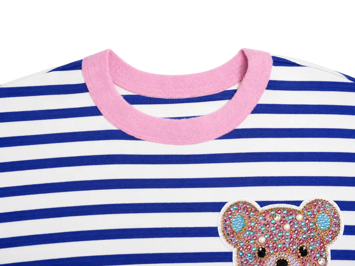 TCH Rhinestone Teddy Bear Striped Short Sleeve T-Shirt