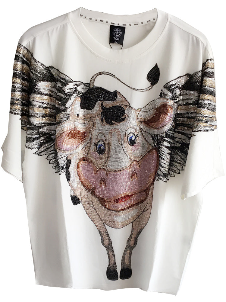TCH Hot Diamond Wing Cow Print Loose T-shirt