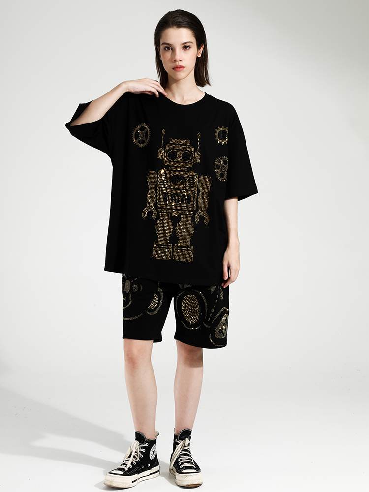 TCH Short Sleeve Robot Rhinestone Graphic T-Shirt