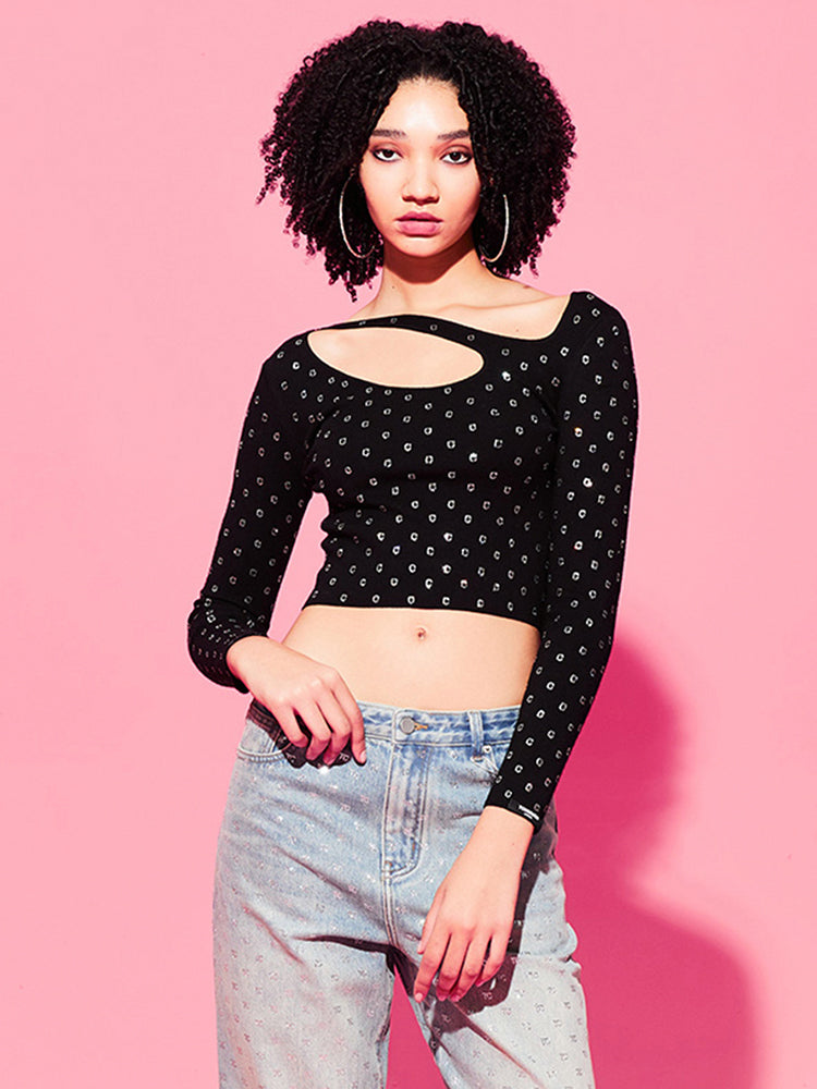 TCH Rhinestone Cut Out Neck Knit Cropped Top