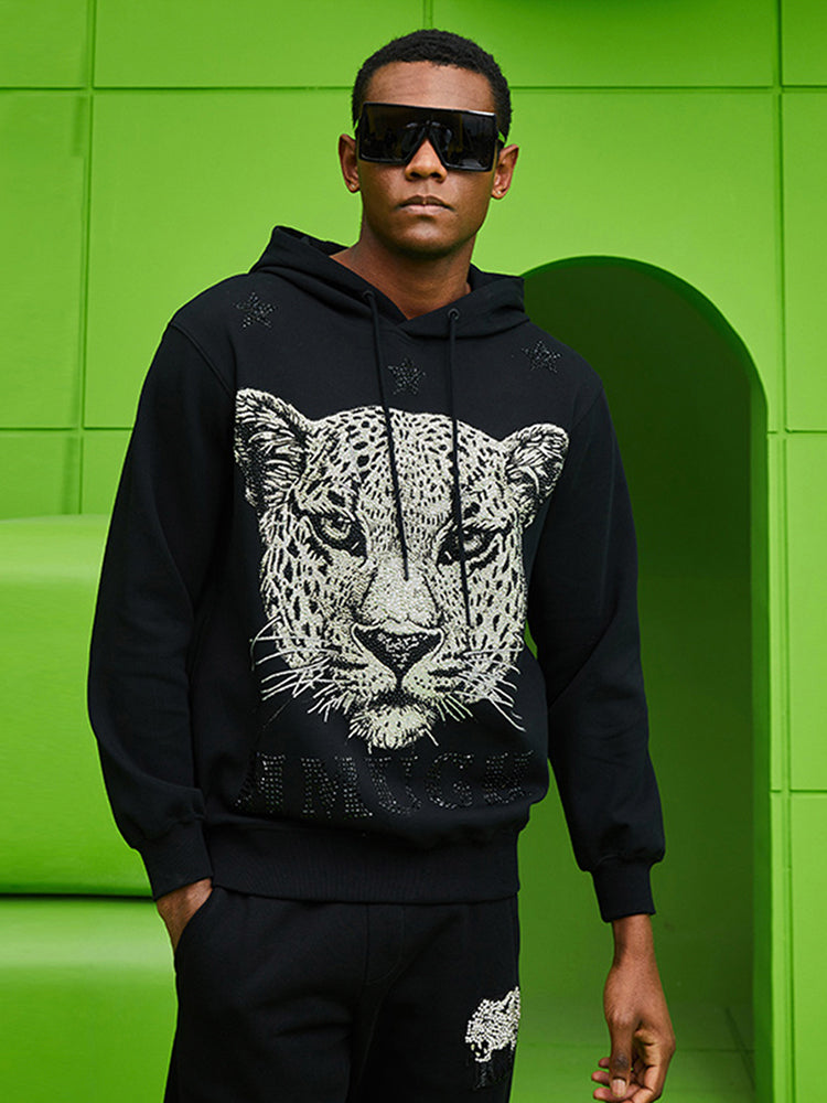 TCH Leopard Print Rhinestone Black Hoodie