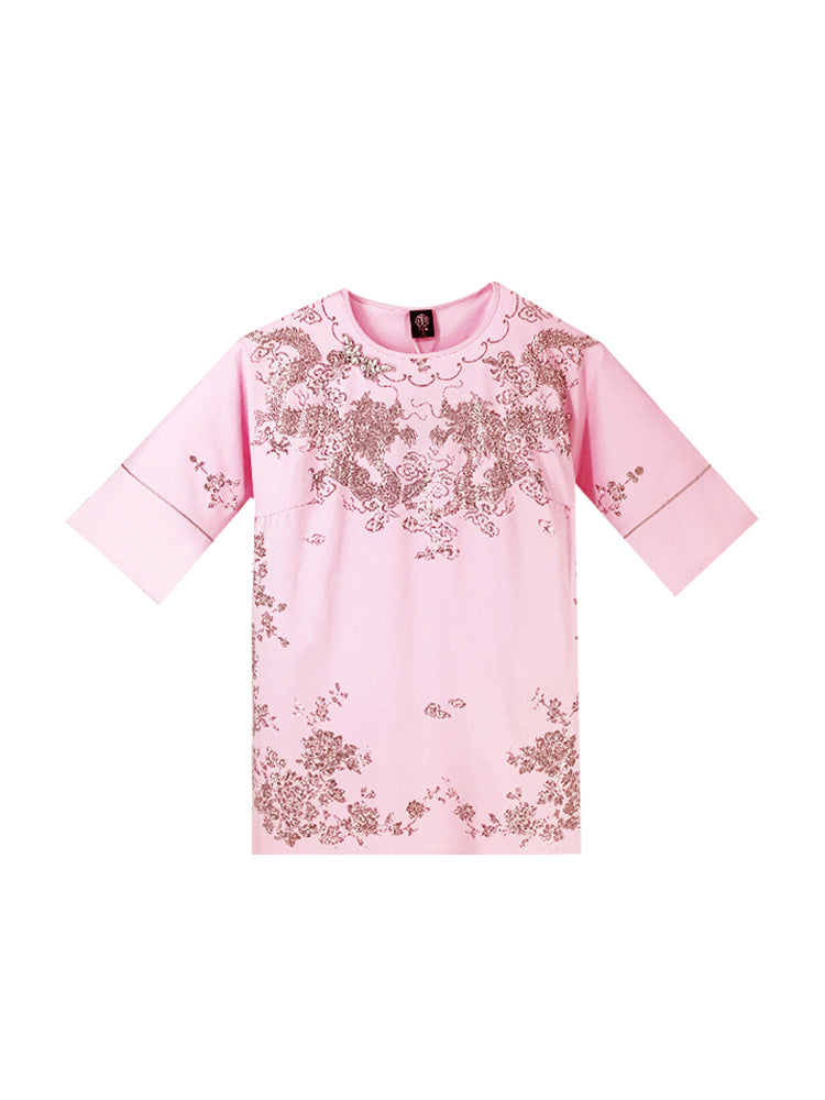 TCH Crystal Embroidery Short Sleeve T-Shirt in Pink