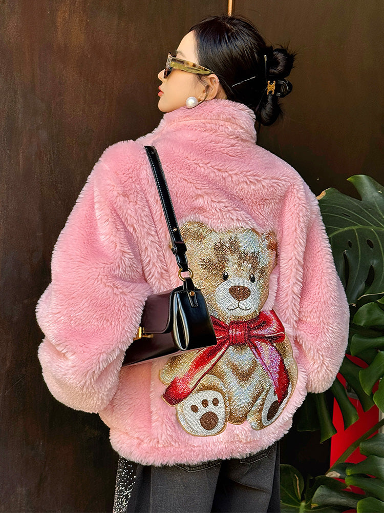 TCH Rhinestone Luxe Pink Faux Fur Teddy Jacket