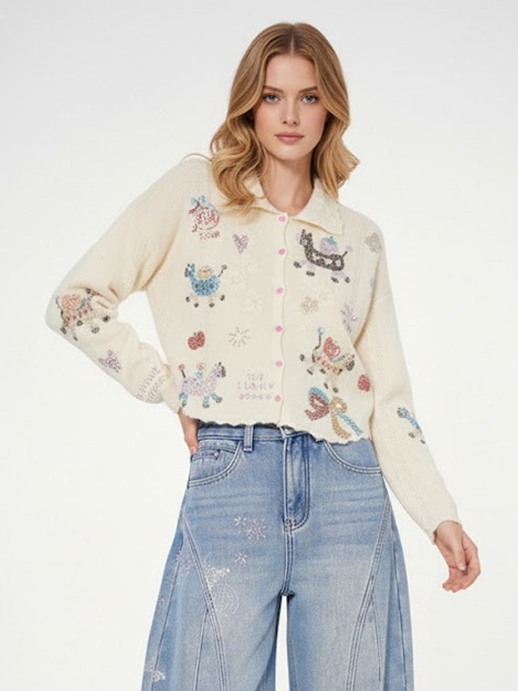 TCH Crystal Lucky Horse Embellished Knit Cardigan