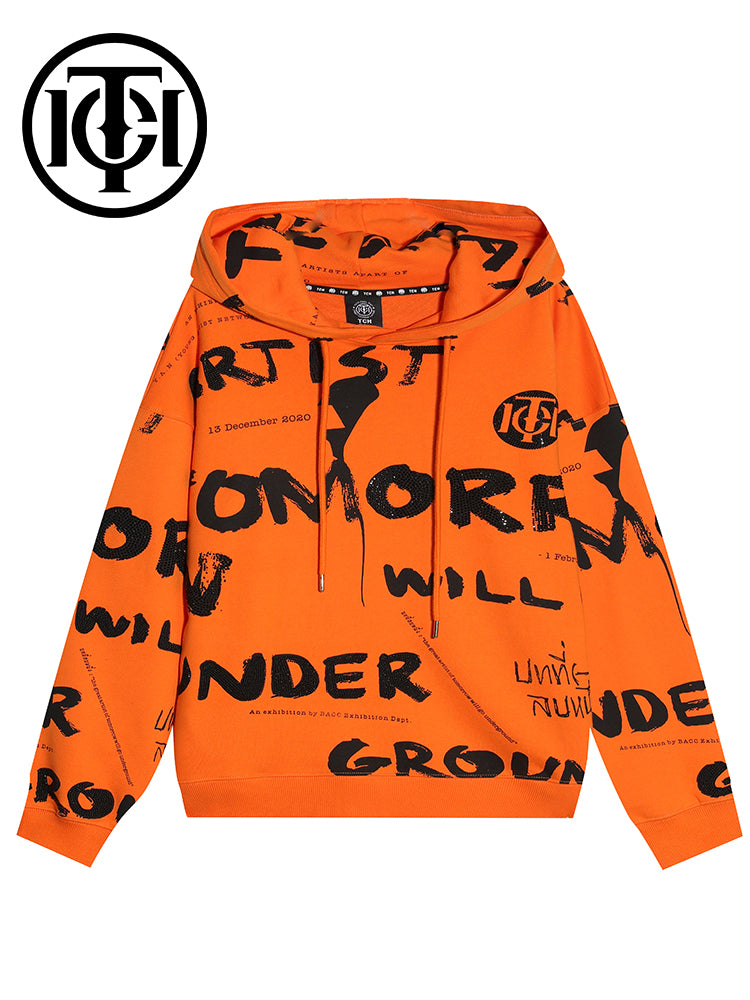 TCH Rhinestone Letter Print Oversized Hoodie in Orange