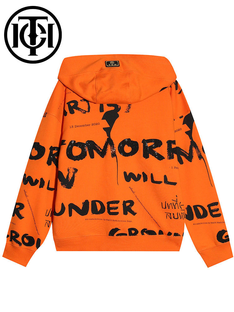 TCH Rhinestone Letter Print Oversized Hoodie in Orange