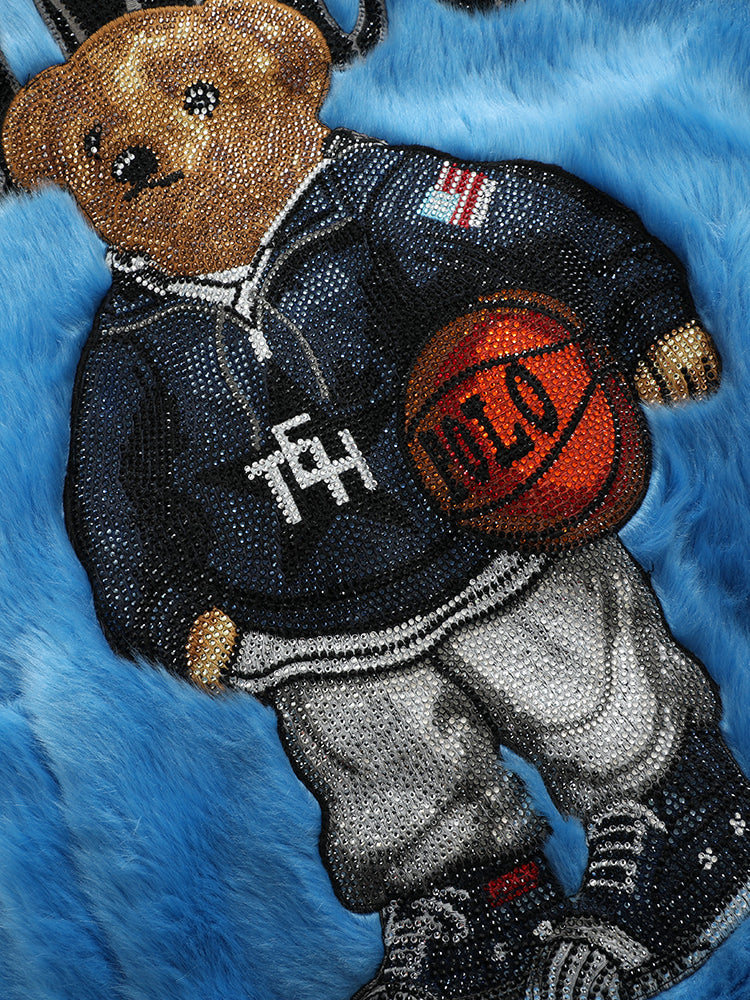 TCH Graphic Bear Rhinestone Fleece Pullover hoodie Sweatshirt