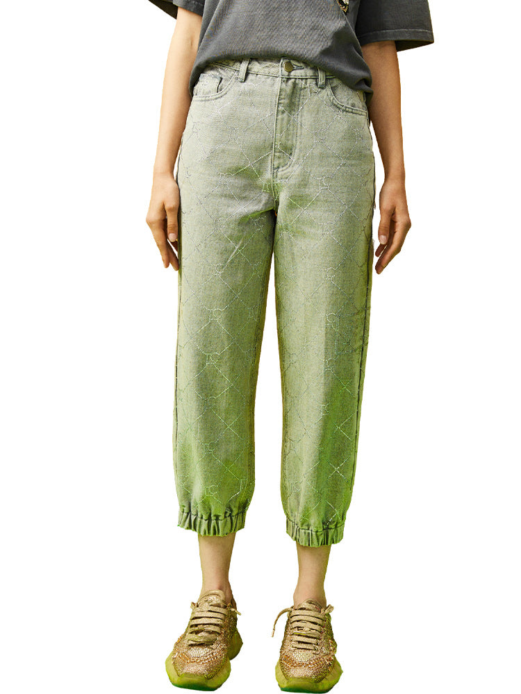 TCH Plaid Rhinestone Fleece Denim Pants