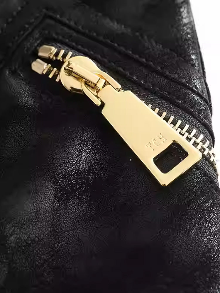 TCH Letter Print Rhinestone Joggers Leather Pants