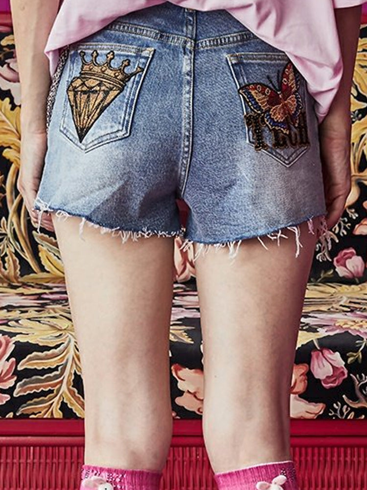 TCH Crystal-Embellished Graphic High Waist Denim Shorts