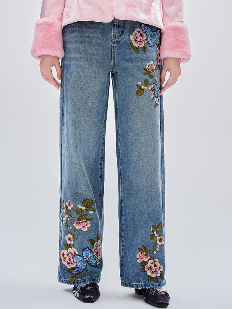 TCH Crystal Embroidered Floral Wide Leg Jeans
