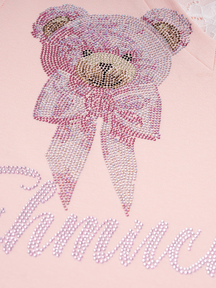 TCH Bear Rhinestone Graphic T-shirt with Lace